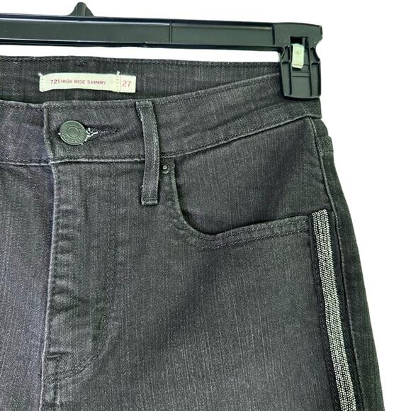 Levi's 721 High Rise Skinny Jeans Side Pinstripes Black Silver Size 27 x 30 - Picture 6 of 16
